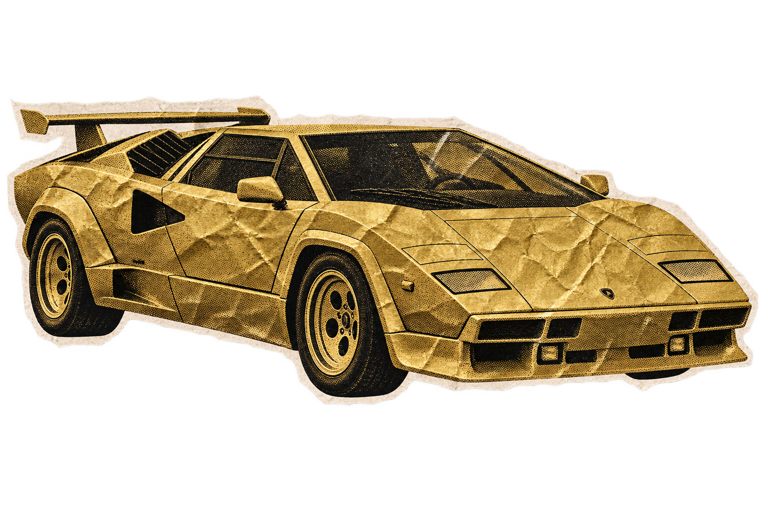A gold supercar cut out of crumpled paper
